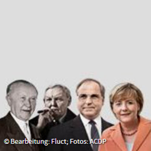 Adenauer, Erhard, Kohl und Merkel als Collage auf einen grauen Hintergrund gesetzt