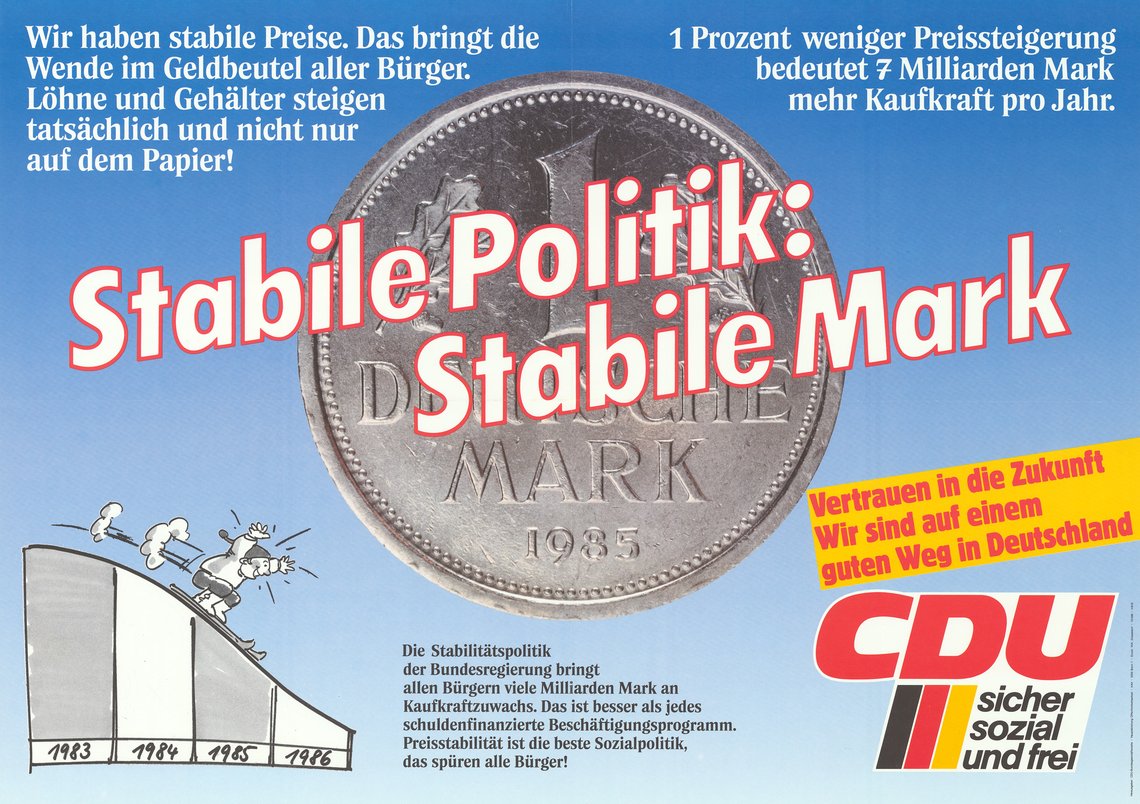 Wandzeitung von 1986 mit Aufschrift "Stabile Politik: Stabile Mark"