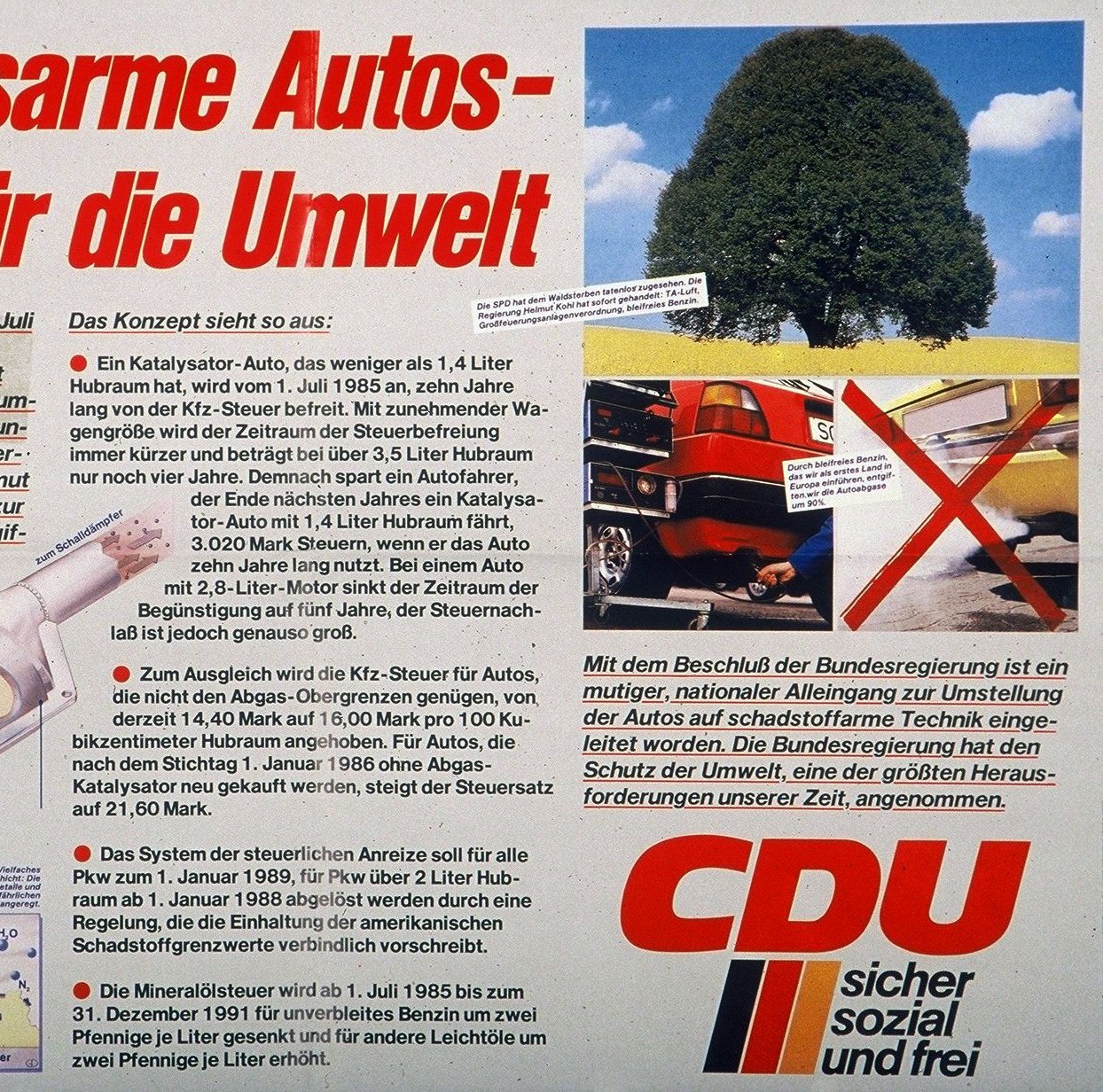 CDU Plakat mit der Aufschrift "Abgasarme Autos - ein Sieg für die Umwelt"