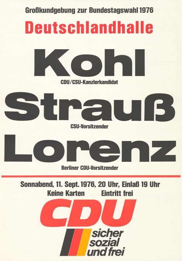 CDU-Plakat mit Namen Kohl, Strauß und Lorenz